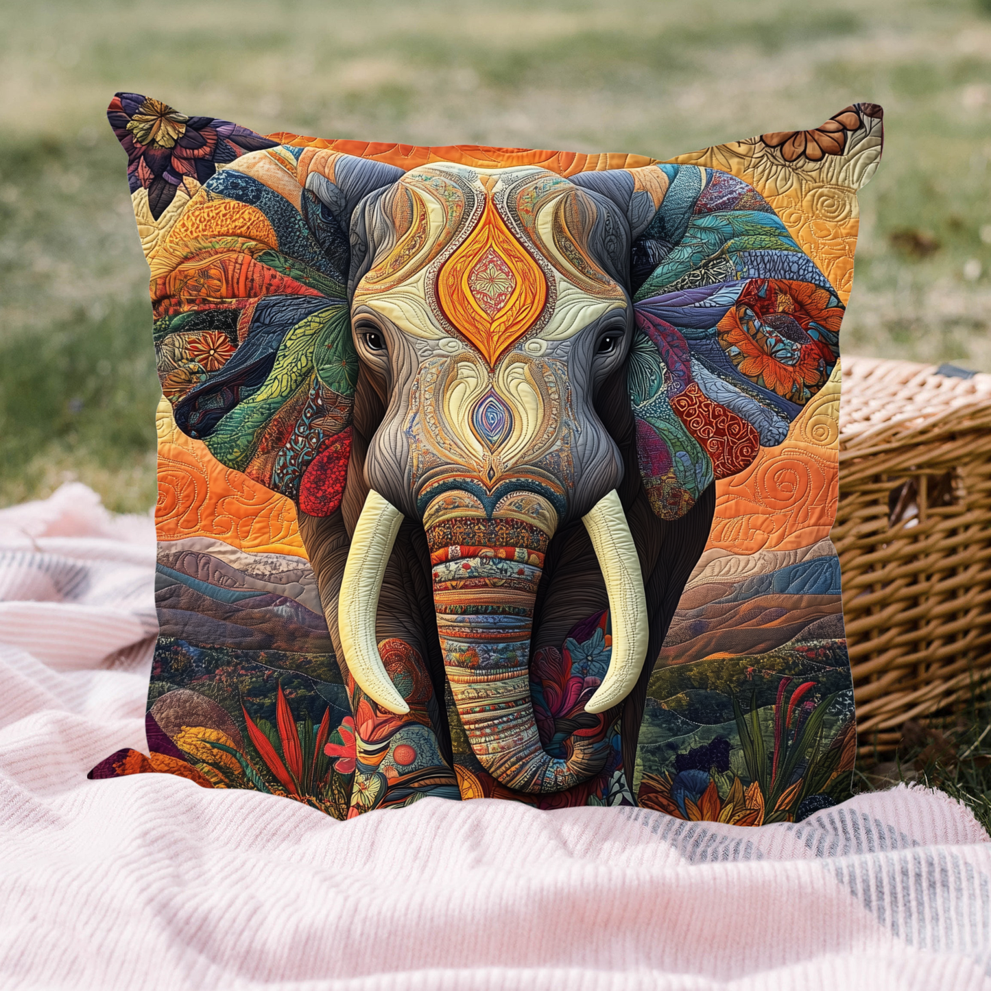 Funda de almohada acolchada con elefante iluminado por la luna NCU0DK1191