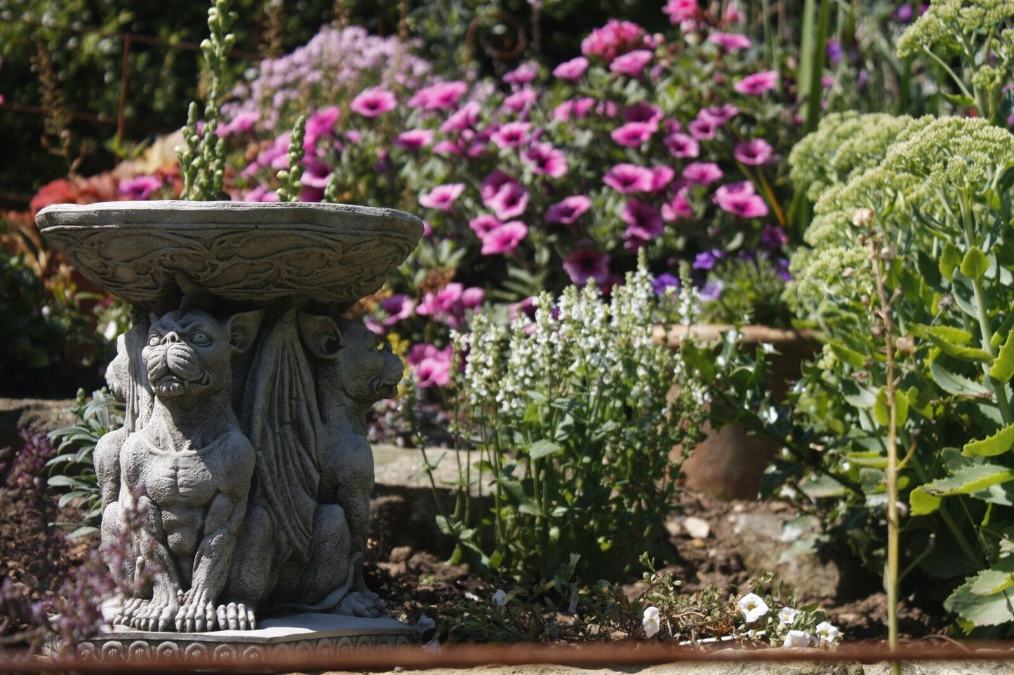 Stunning Stone Triple Gargoyle Garden Bird Bath