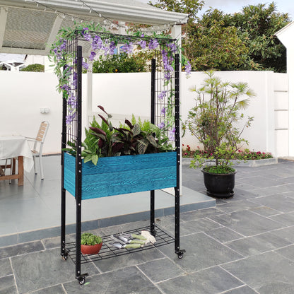 Self-watering Mobile Elevated Planter in Blue with Arch Trellis and UnderShelf