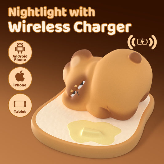 Squishy Silicone Toast Cat Wireless Charger LED Night Light - Perfect Gift for Kids and Girls