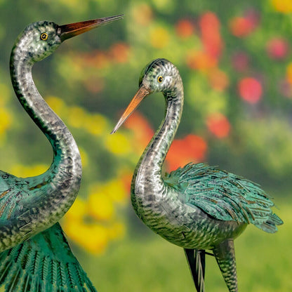 Stylized Silver-Teal Metallic Crane Garden Figurines