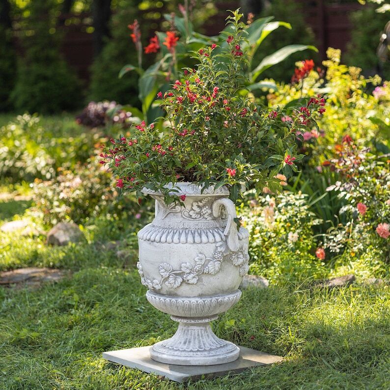 31 Inch Tall Urn Style Flower Planter in Antique Gray