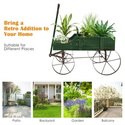 Wooden Garden Planter Wagon Cart with Metal Wheels for Backyard