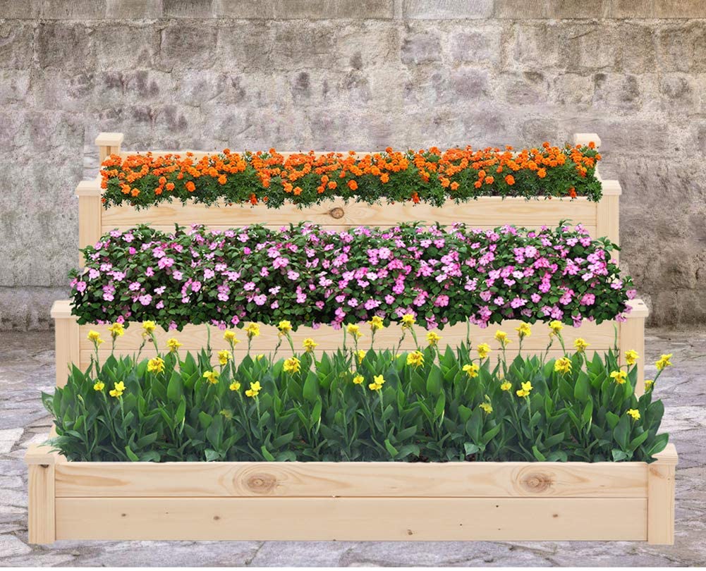 3-Tier 4x4ft Wooden Raised Garden Bed Planter Box Kit for Outdoor Gardening, 48