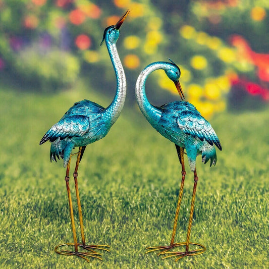 Pair of 2 Tall Metallic Blue-Green Heron Garden Figurines in Assorted Styles