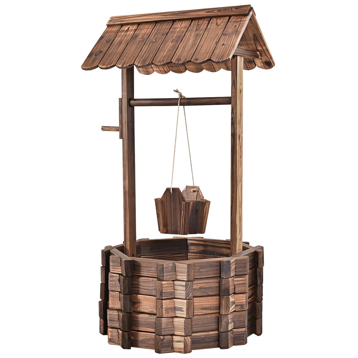 Rustic Outdoor Wooden Wishing Well Planter Garden Flower Plants Planter with Hanging Bucket