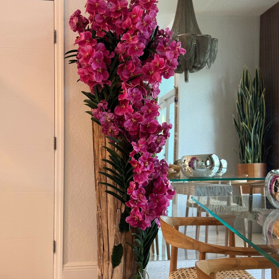 Large Live Edge Teak Vase with Pink Vanda Orchids