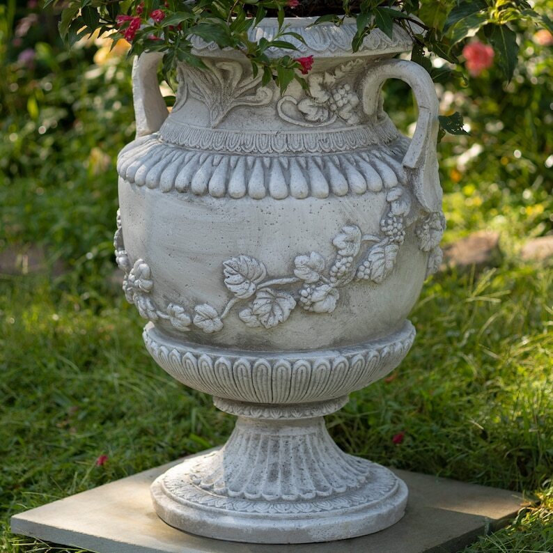 31 Inch Tall Urn Style Flower Planter in Antique Gray