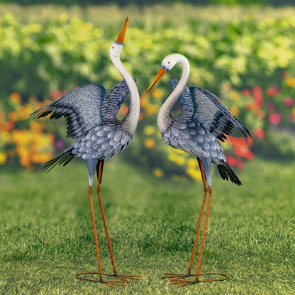 White Neck Blue-Grey Heron Garden Figurines with Spread Wings