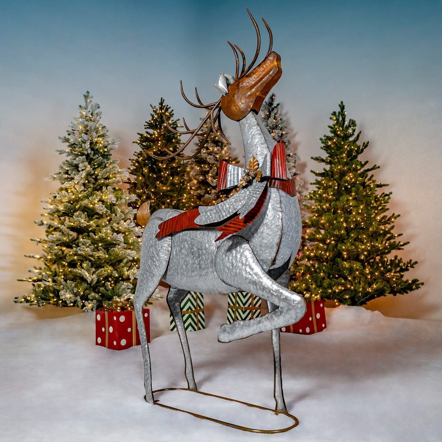 SET OF 3 LARGE GALVANIZED REINDEER WITH BOWS AND BELLS