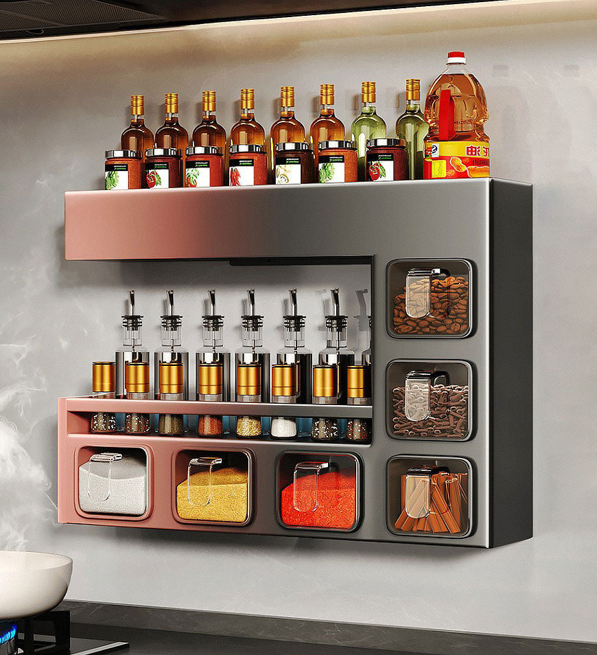 Kitchen Multifunctional Wall-Mounted Metal Spice Rack With 6 Seasoning Box F235