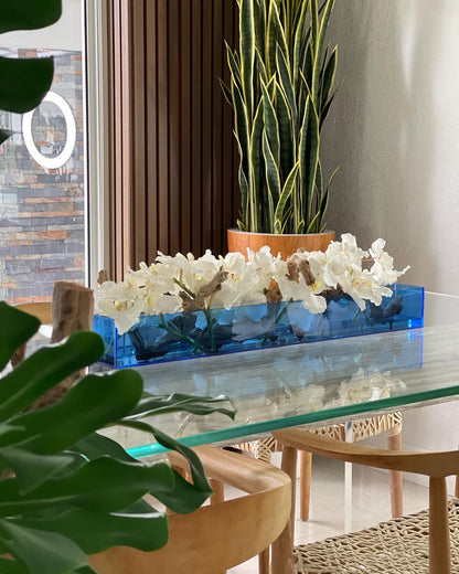 36″ Casa Moderna Blue Acrylic Planter with Vanda Orchids and Driftwood