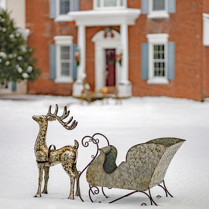 Large Galvanized Iron Reindeer and Sleigh