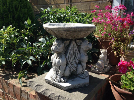 Stunning Stone Triple Gargoyle Garden Bird Bath