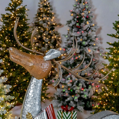 SET OF 3 LARGE GALVANIZED REINDEER WITH BOWS AND BELLS