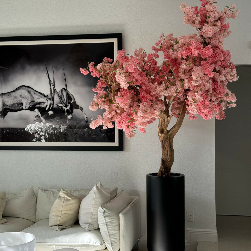 Most popular matte black st tropez planter with custom made pink cherry blossom tree