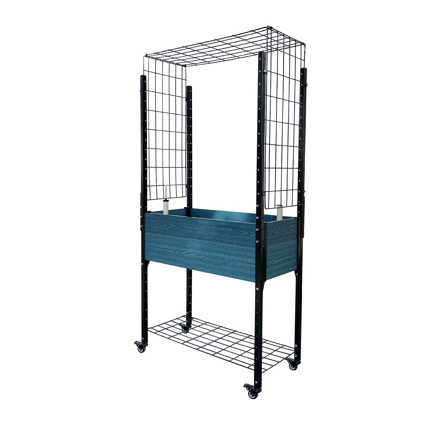 Self-watering Mobile Elevated Planter in Blue with Arch Trellis and UnderShelf