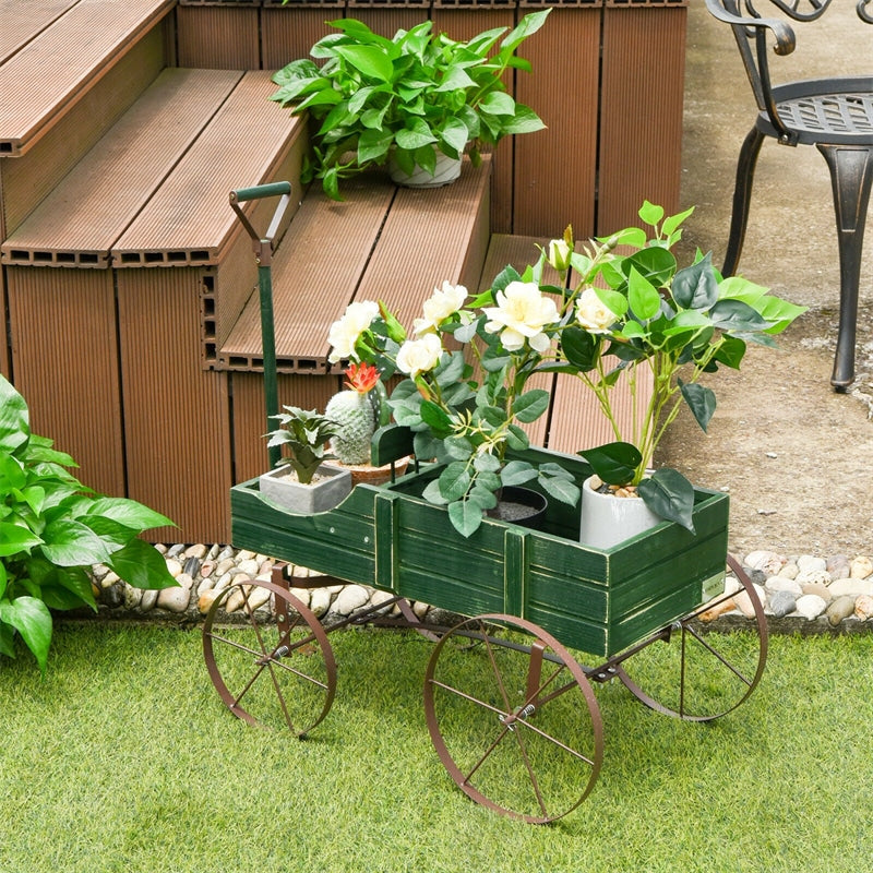 Wooden Garden Planter Wagon Cart with Metal Wheels for Backyard