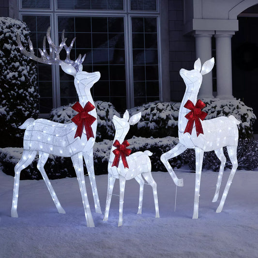 3-Piece Pre-Lit Iced Twinkling Deer Family - White