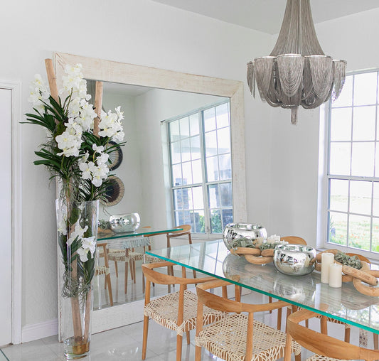 White Vanda Orchids And Driftwood Inside Oversized Tapered Glass Cylinder