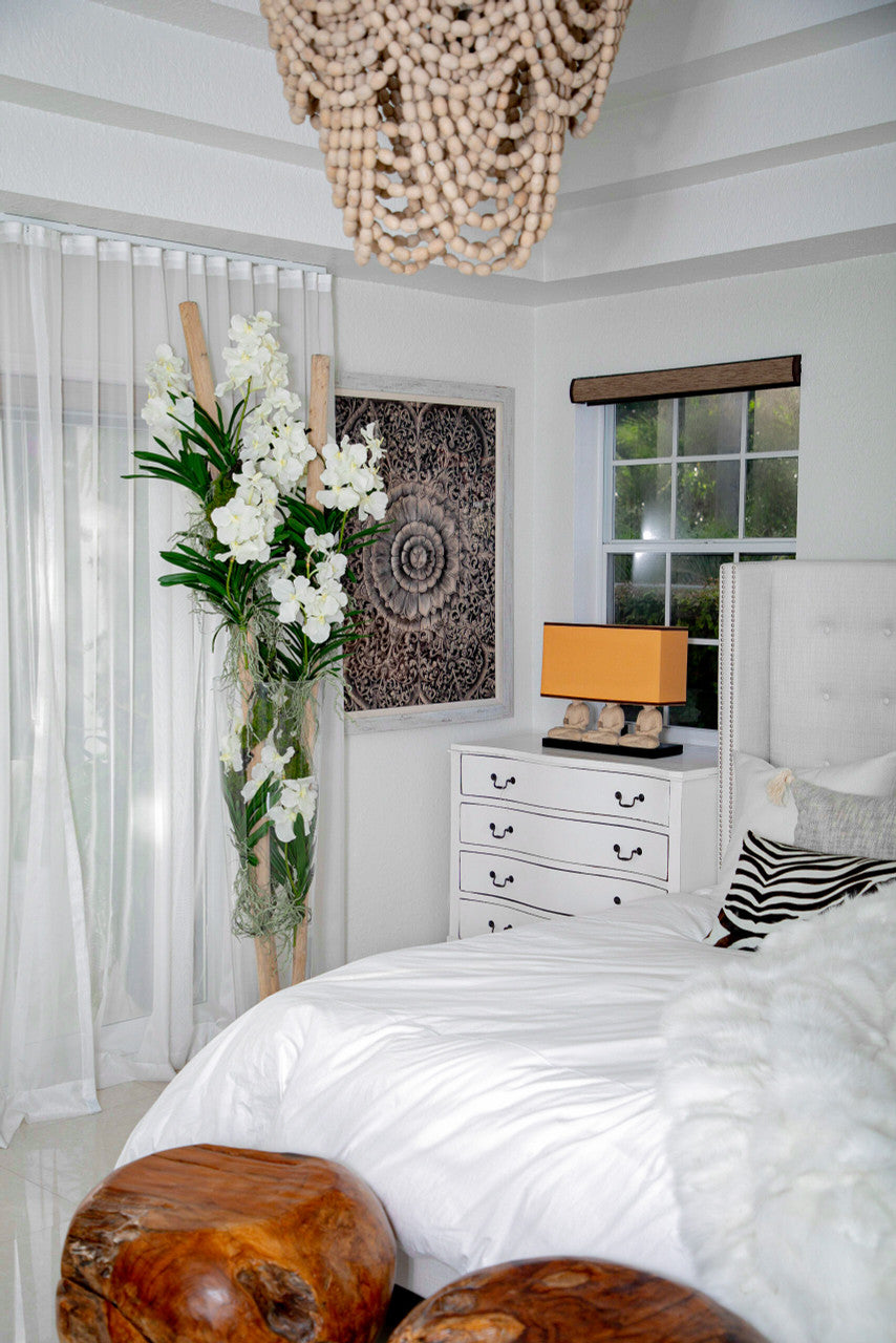 White Vanda Orchids And Driftwood Inside Oversized Tapered Glass Cylinder