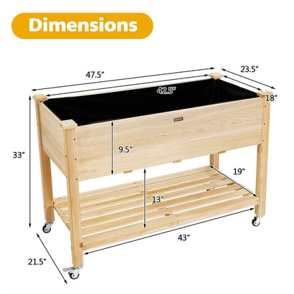 Wood Raised Garden Bed Elevated Planter Bed with Wheels Storage Shelf & Liner