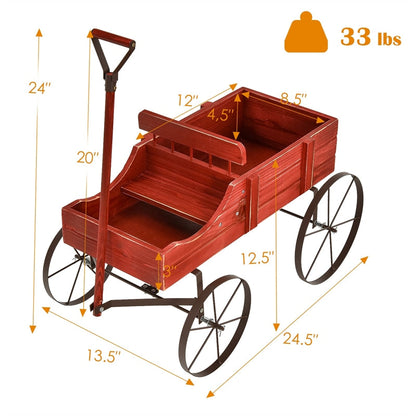 Wooden Garden Planter Wagon Cart with Metal Wheels for Backyard