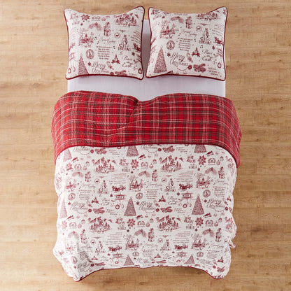 Yuletide Quilt Set - King Quilt (106x92in.)  Two King Pillow Shams (36x20in.) - Christmas Holiday Script - Red and Cream - Reversible - Cotton