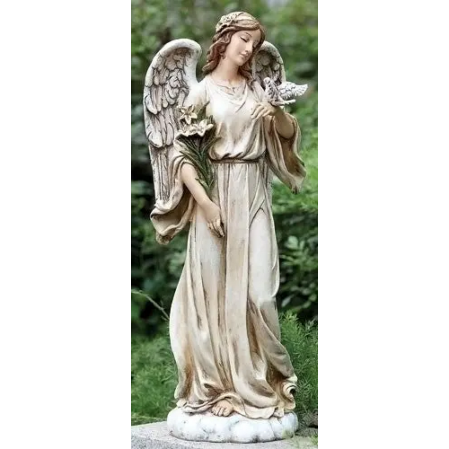 Guardian Angel Holding Dove With Flowers Garden Statue