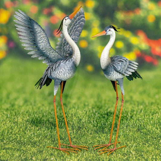 Pair of 2 Great Chic Blue Heron Iron Garden Figurines in Assorted Styles