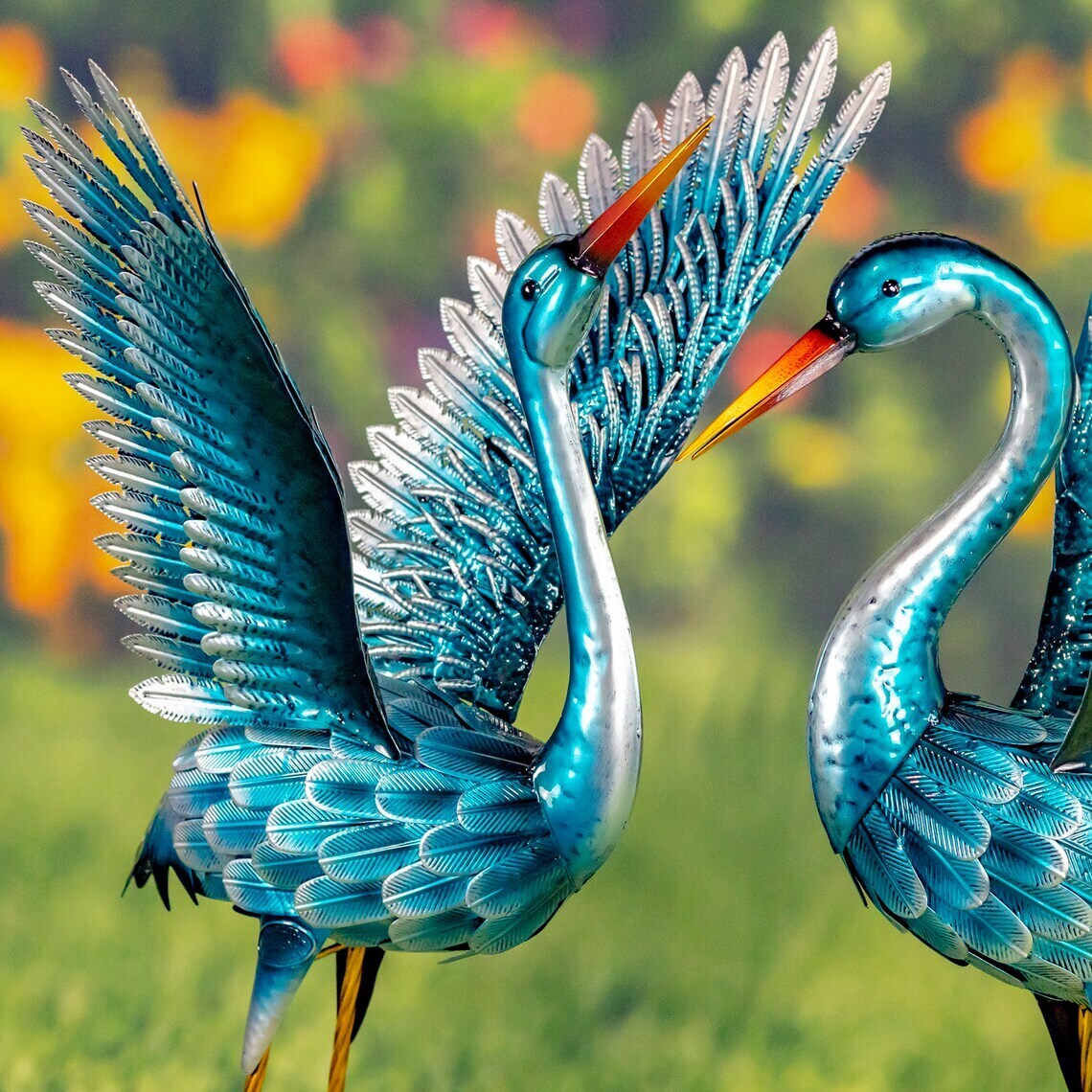 Pair of 2 Tall Metallic Blue-Green Heron Garden Figurines in Assorted Styles