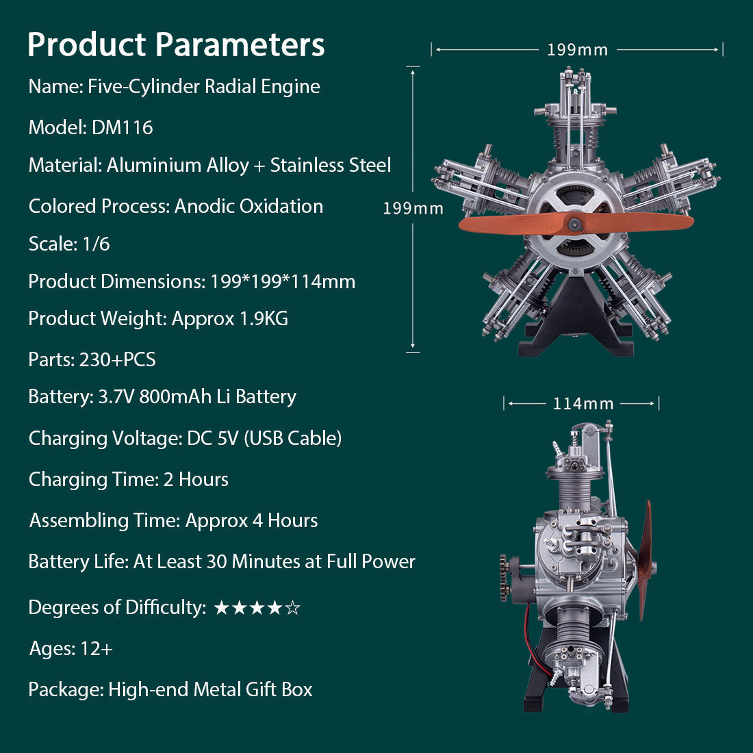 5-Cylinder Radial Engine Model Kit -Full Metal Radial Engine Model Kit 250+Pcs