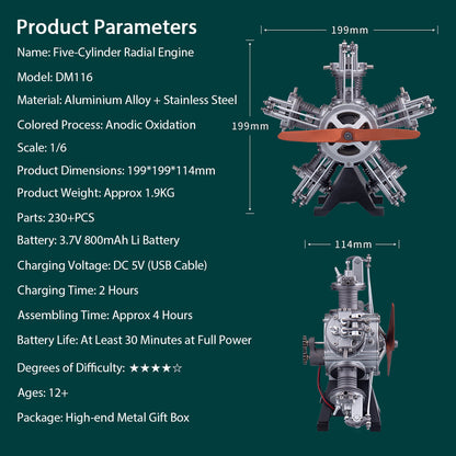 5-Cylinder Radial Engine Model Kit -Full Metal Radial Engine Model Kit 250+Pcs