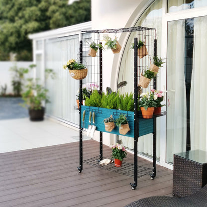 Self-watering Mobile Elevated Planter in Blue with Arch Trellis and UnderShelf and Basket & Hook Set