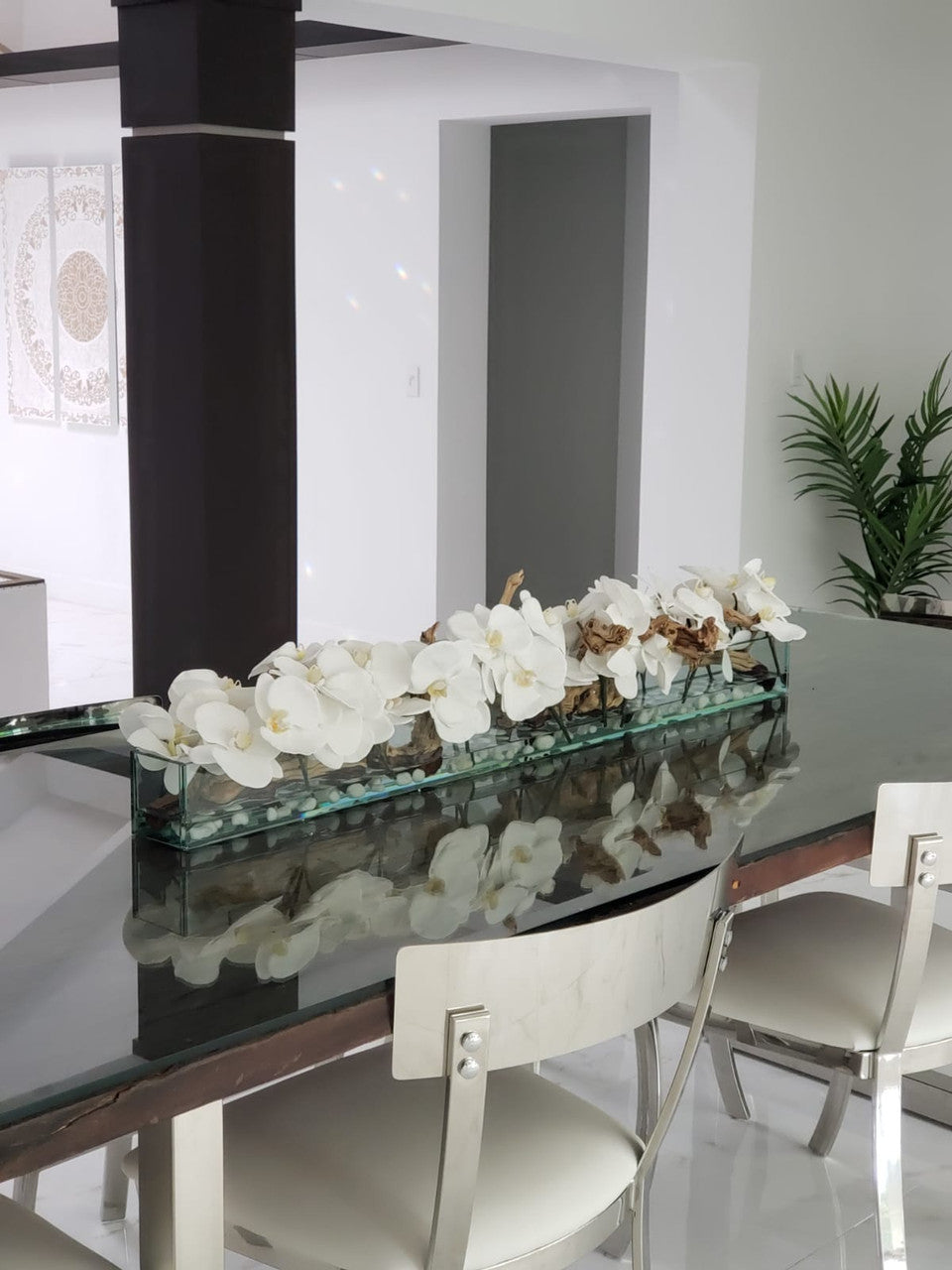 48″ Casa Moderna Glass Plate Planter with white orchids