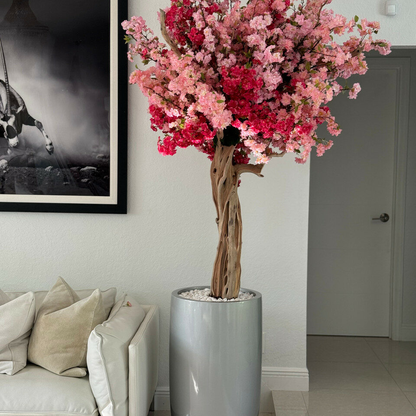 Most popular glossy silver lisbon planter with custom made tri color pink cherry blossom tree