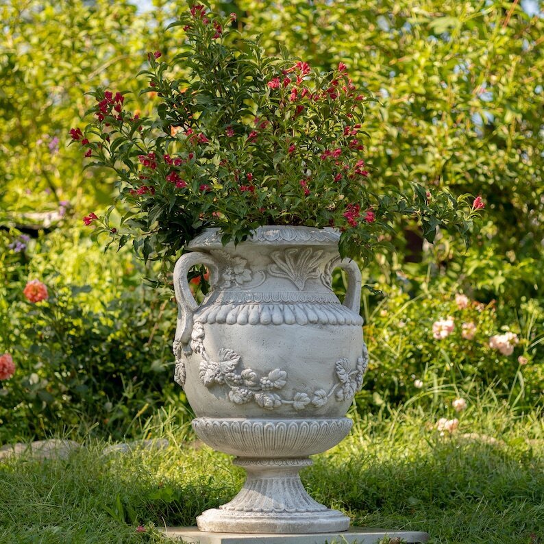 31 Inch Tall Urn Style Flower Planter in Antique Gray