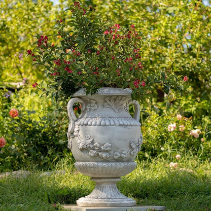 31 Inch Tall Urn Style Flower Planter in Antique Gray