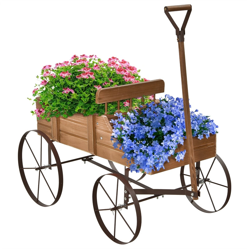 Wooden Garden Planter Wagon Cart with Metal Wheels for Backyard