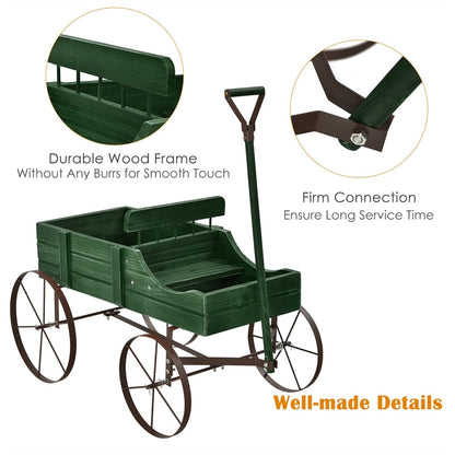 Wooden Garden Planter Wagon Cart with Metal Wheels for Backyard