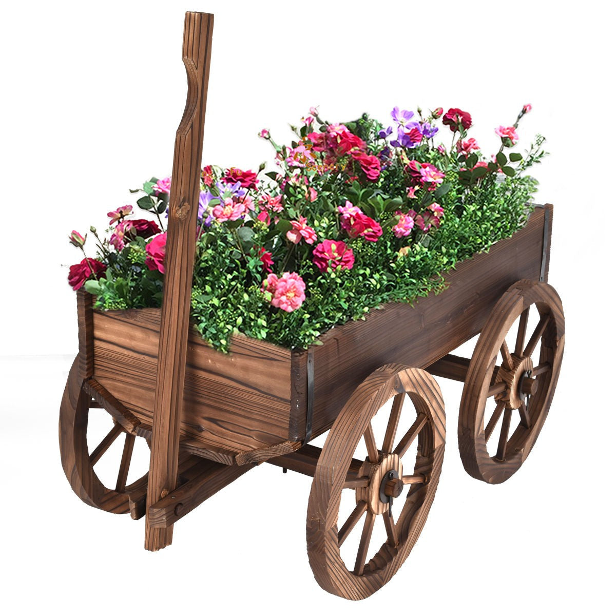 Wood Wagon Flower Planter Pot Stand with Wheels for Garden Outdoor Decor