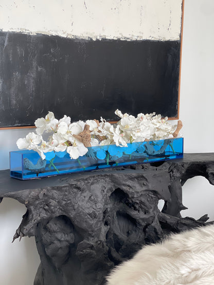 36″ Casa Moderna Blue Acrylic Planter with Vanda Orchids and Driftwood