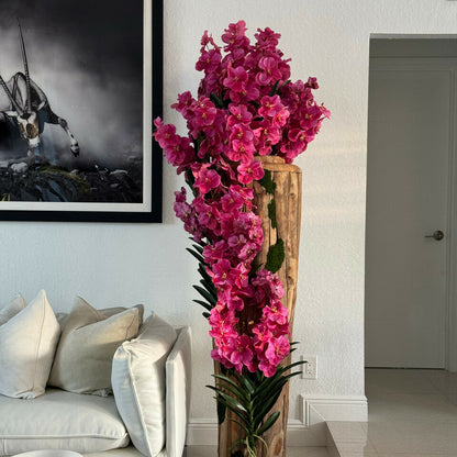 Large Live Edge Teak Vase with Pink Vanda Orchids