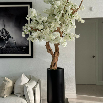 Most popular matte black st tropez planter with custom made white cherry blossom tree