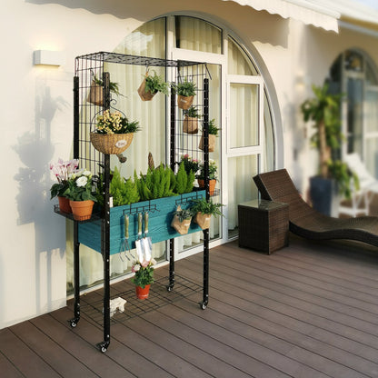 Self-watering Mobile Elevated Planter in Blue with Arch Trellis and UnderShelf and Basket & Hook Set