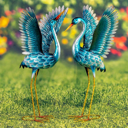 Pair of 2 Tall Metallic Blue-Green Heron Garden Figurines in Assorted Styles