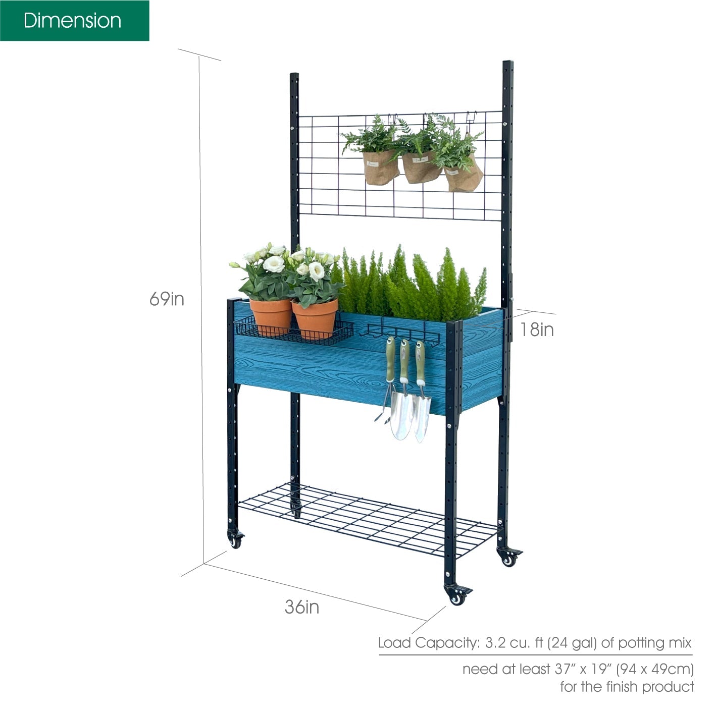 Self-watering Mobile Elevated Planter in Blue with Trellis and Basket & Hook Set