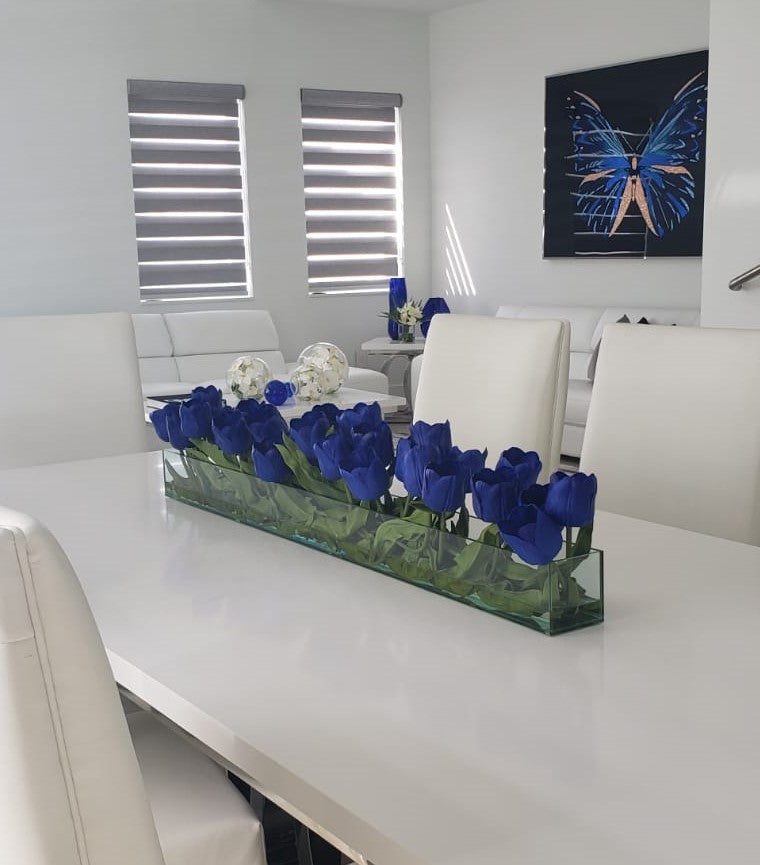 48″ Casa Moderna glass plate planter with blue tulips