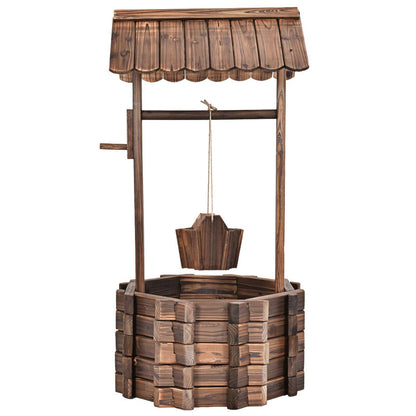 Rustic Outdoor Wooden Wishing Well Planter Garden Flower Plants Planter with Hanging Bucket