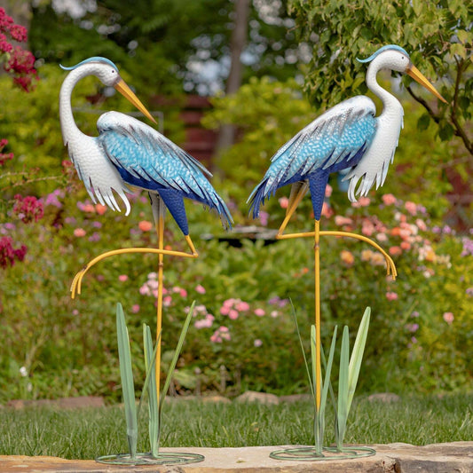 Assorted Blue and White Iron Herons with Cattails